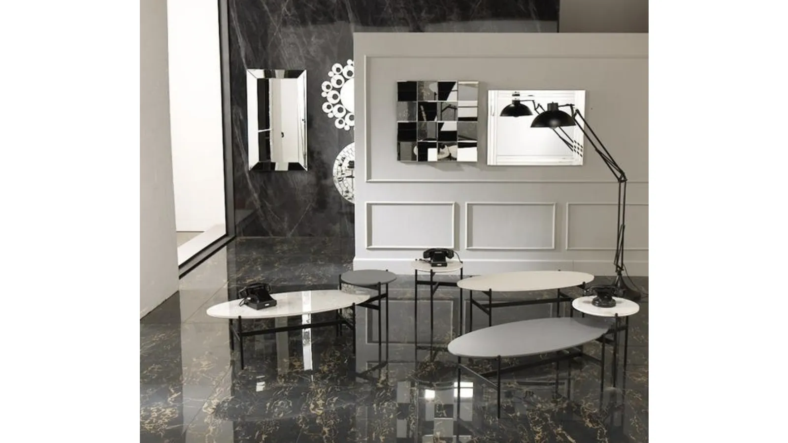 Tavolino rotondo Thor con top in ceramica con fondo in MDF e struttura in metallo verniciato di Stones