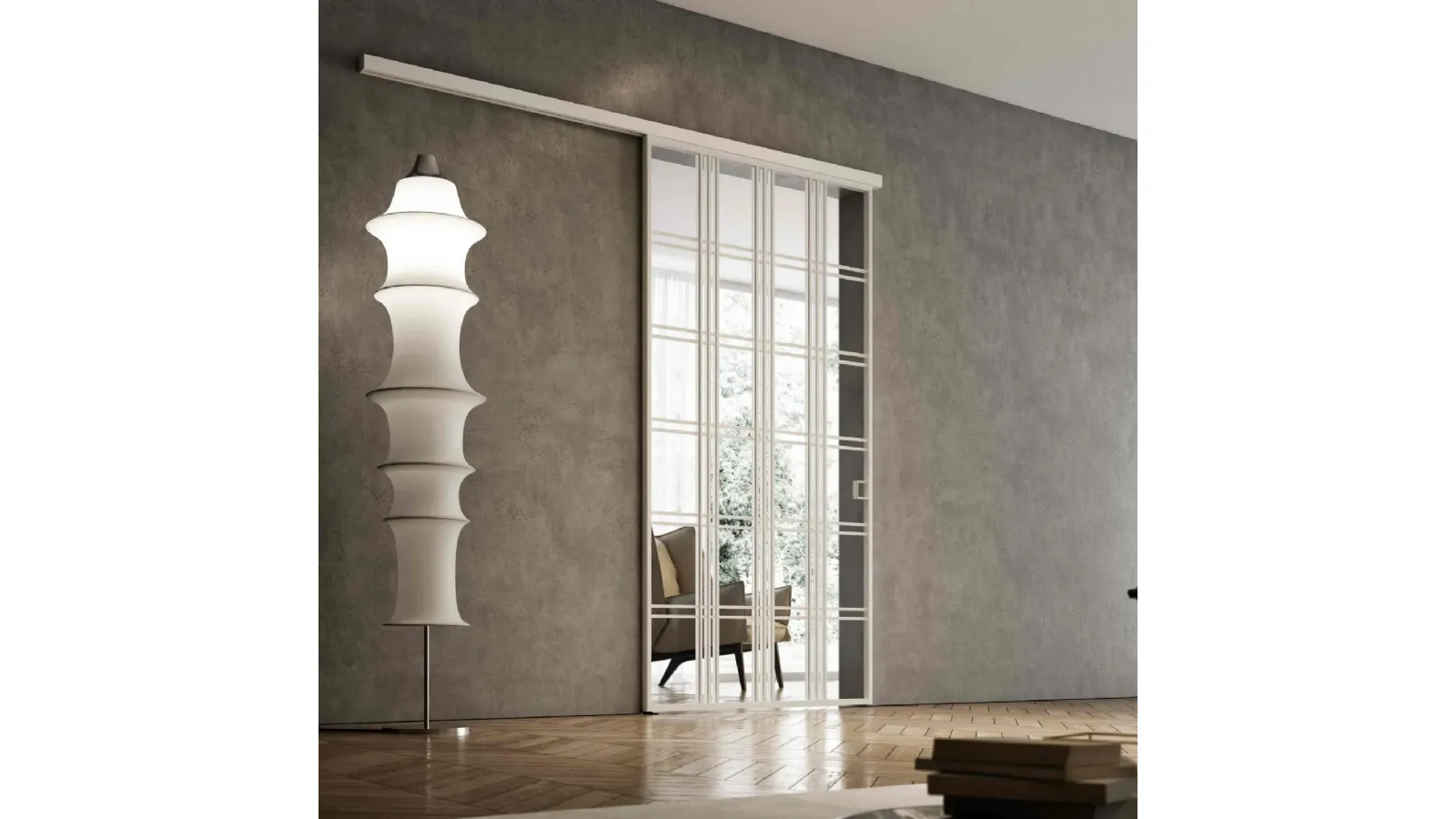 Porta per interni scorrevole esterno muro Glass Bianco Oregon in Vetro con profilo in alluminio di BiHome