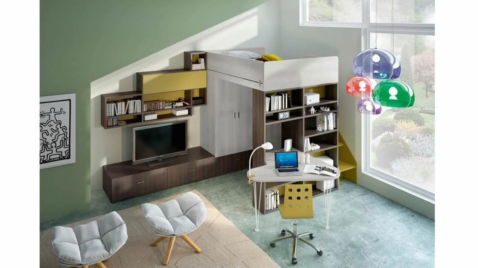 Cameretta per Ragazzi 705A B a soppalco con zona living e zona studio di Ferrimobili