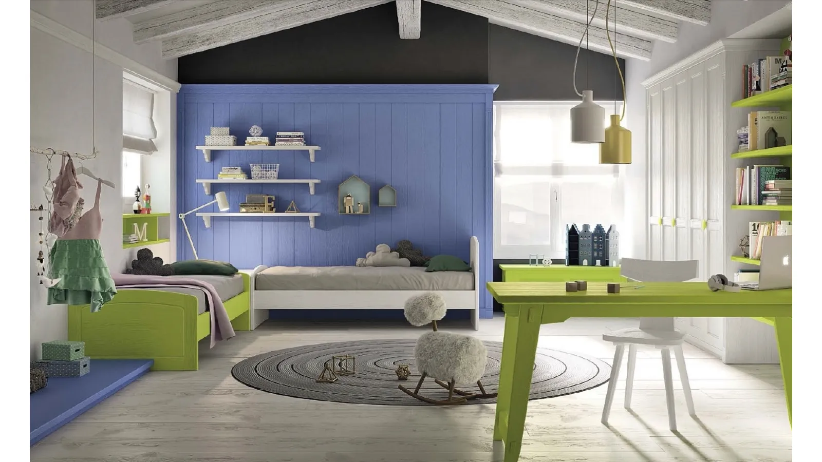 Cameretta N23 Nuovo Mondo in legno laccato Blu oltremare, Lime e Bianco gesso di Scandola
