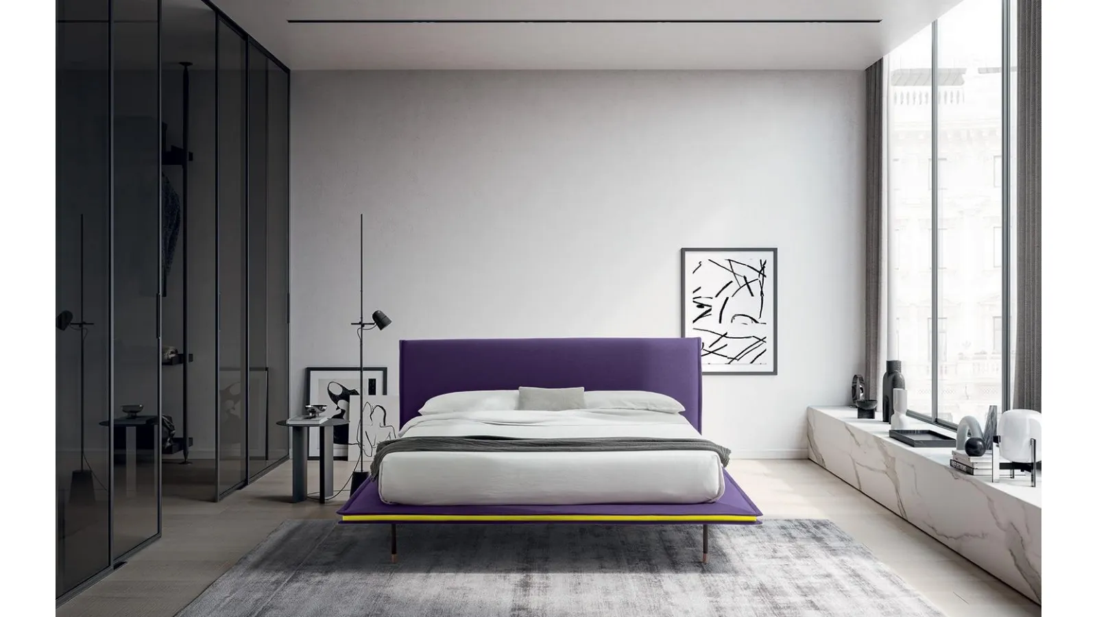 Letto dalla struttura minimal e sottile con testiera Elle di Felis