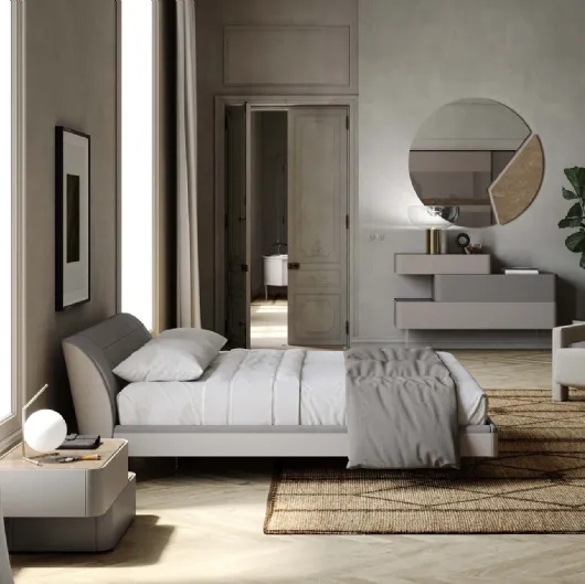 Letto con testiera Prestige laccato opaco grigio alpaca in econabuk fango imbottito di Voltan