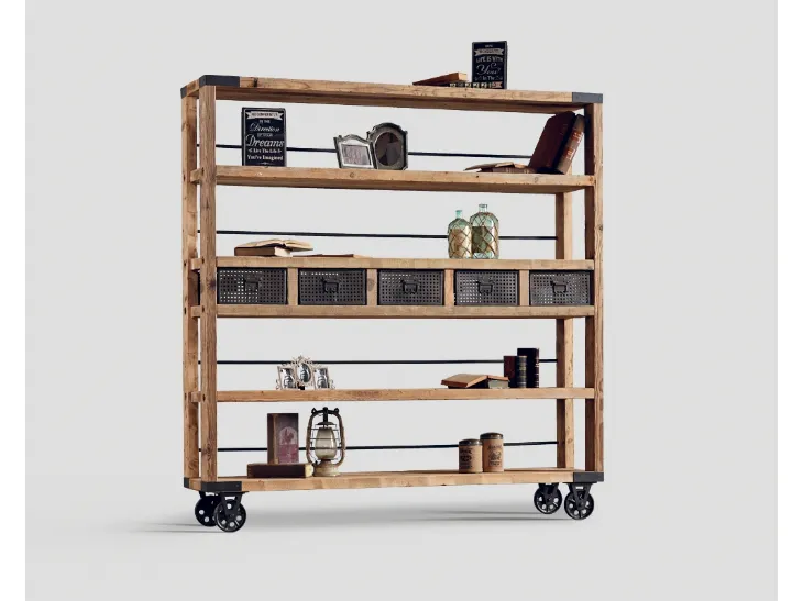 Libreria DB003739 bifacciale con ruote legno vecchio e 5 cassetti di Dialma Brown