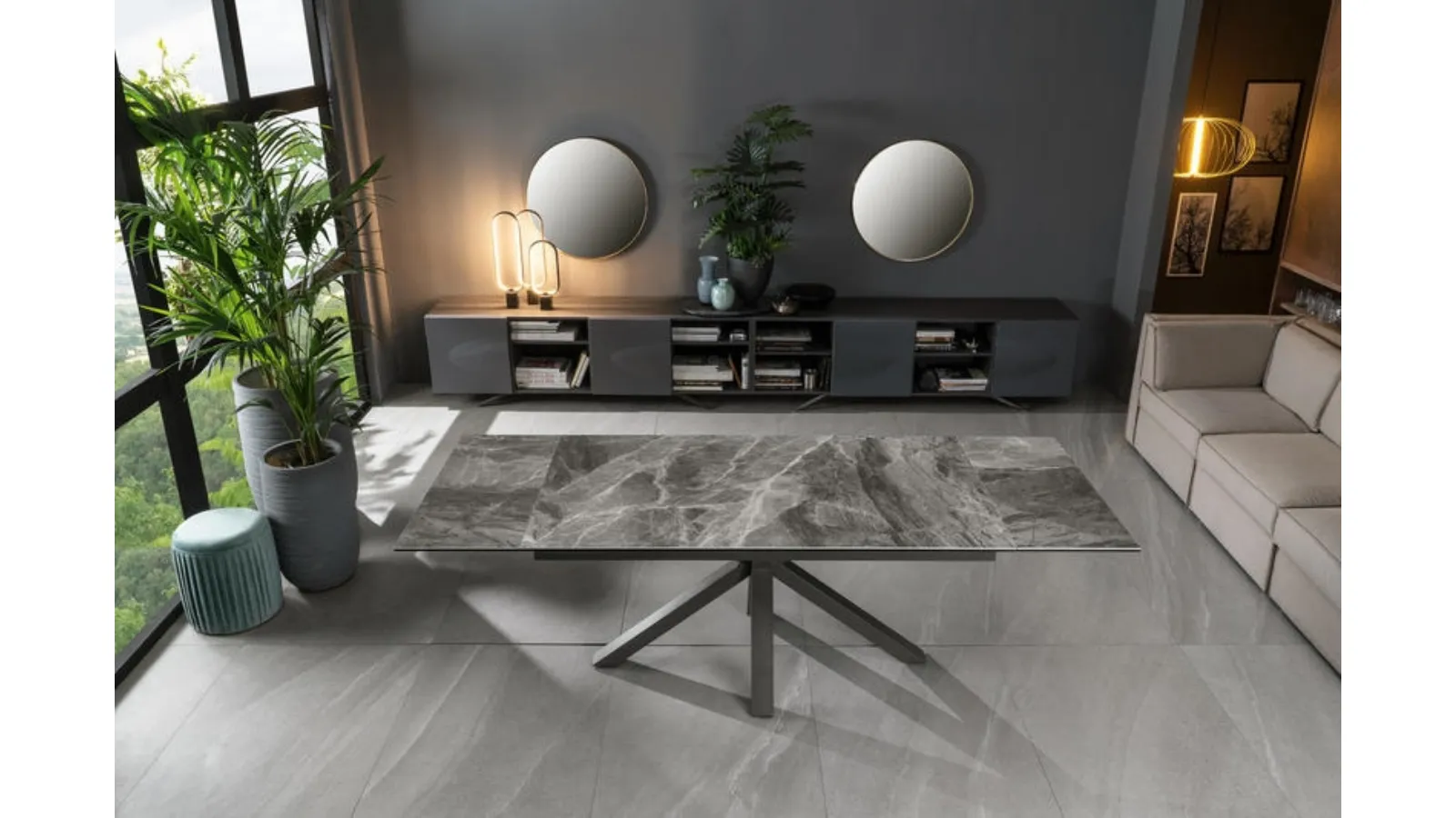 Tavolo allungabile con top in ceramica effetto marmo bianco su vetro temprato Ceramica 01 di Stones