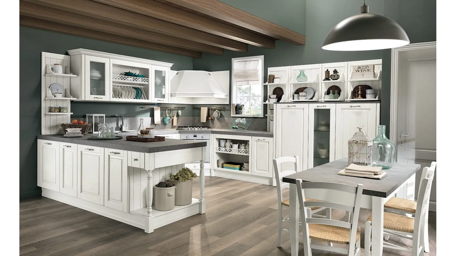 Cucina Classica con penisola Opera 01 in legno naturale Bianco di Colombini Casa Artec