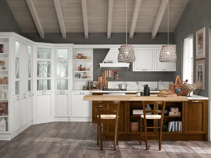 Cucina Classica ad angolo in laccato Bianco anticato con penisola in legno Siena scuro Sinfonia 04 di Colombini Casa Artec