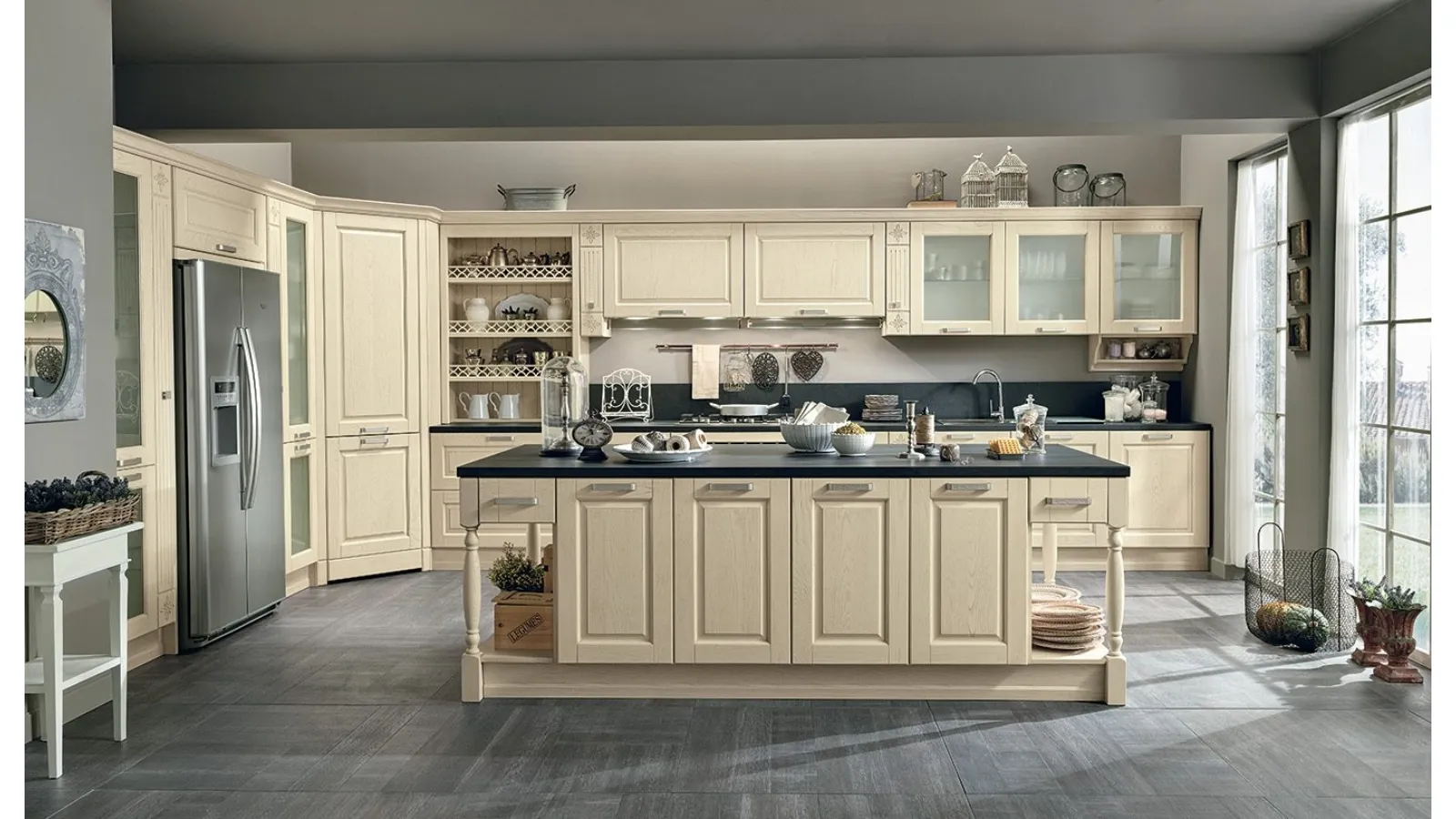 Cucina Classica con isola Opera 02 in legno naturale Avorio di Colombini Casa Artec