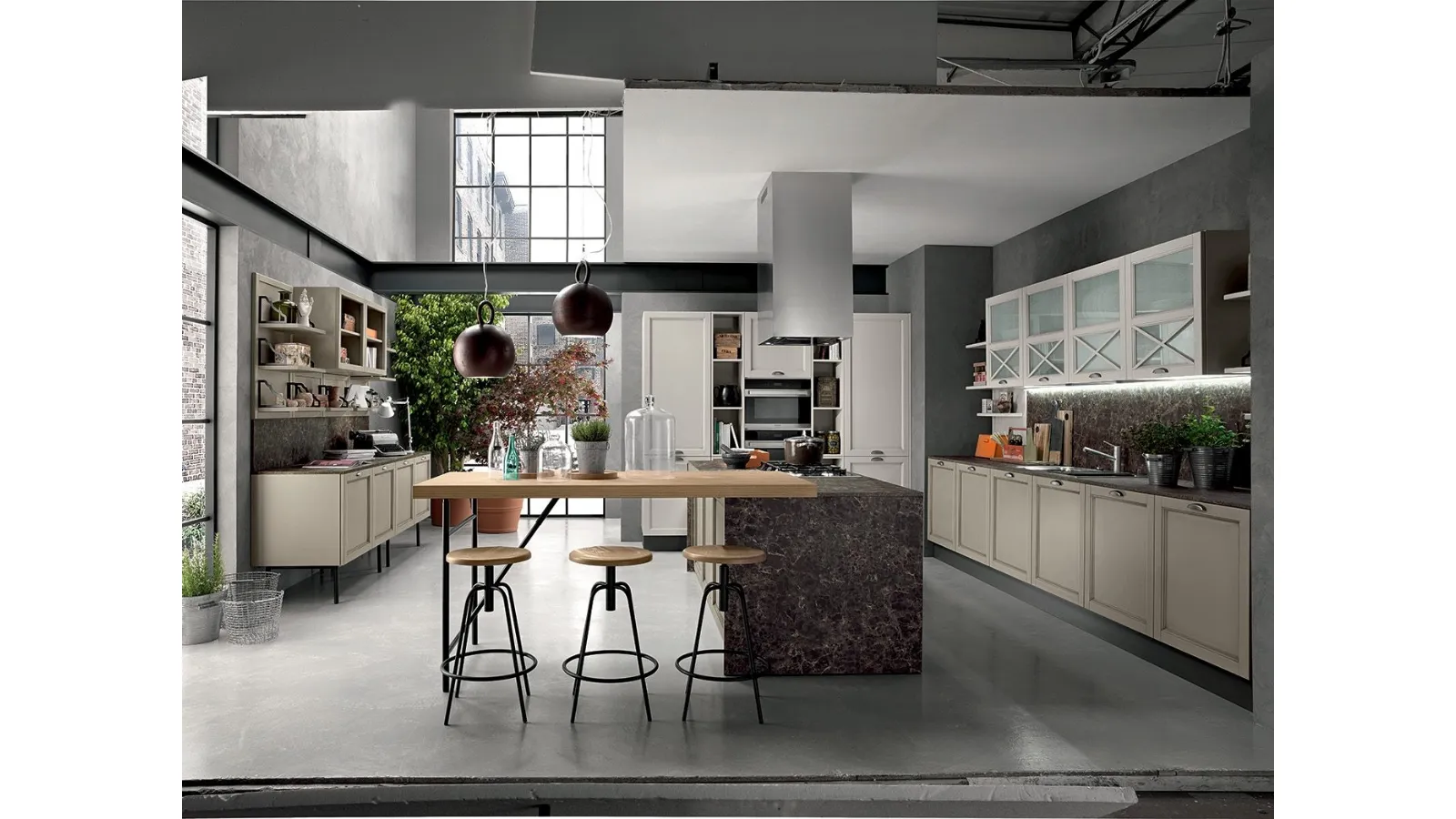 Cucina Classica con isola Sinfonia 06 in laccato Grigio Sabbia anticato di Colombini Casa Artec