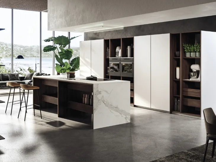 Cucina Design con isola in marmo e legno K Table di Maistri