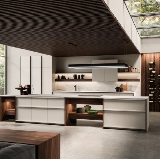 Cucina Design in laccato ecru e noce con isola KTable di Maistri