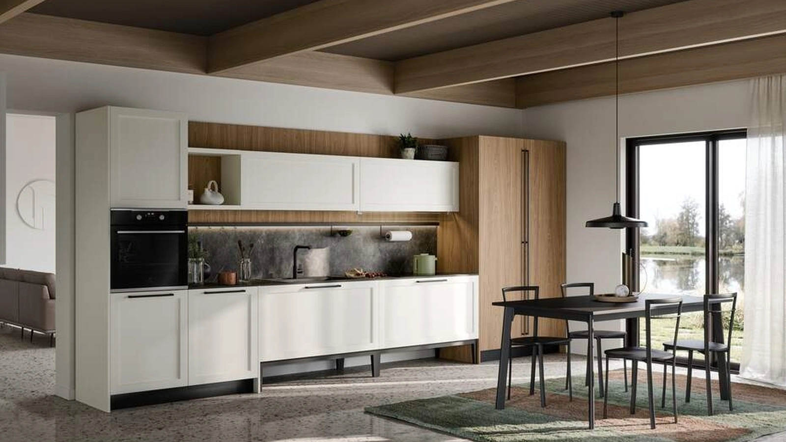 Cucina Moderna lineare Clio Composizione 05 in Pet bianco e laminato rovere di Prima Cucine