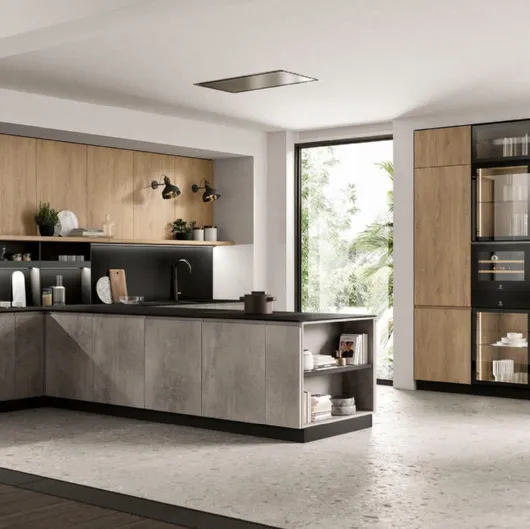 Cucina Moderna con penisola Pura in nobilitato finitura Cemento e Royal Oak di Colombini Casa Artec
