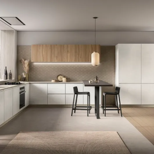 Cucina Moderna angolare con penisola Pura in nobilitato finitura Cemento Artico e Noce Gold di Colombini Casa Artec