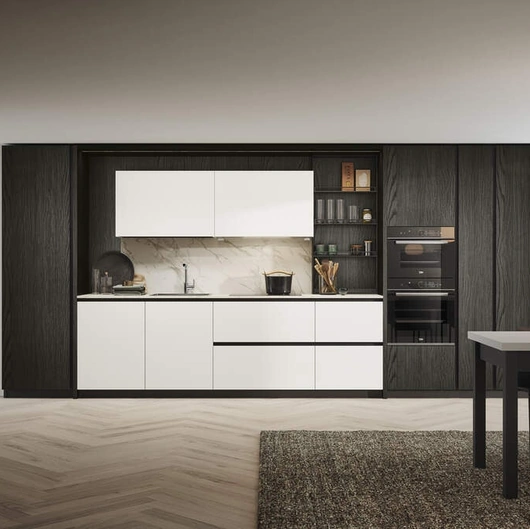 Cucina Moderna lineare Domino Composizione 03 in laminato bianco e melaminico rovere dark di Prima Cucine