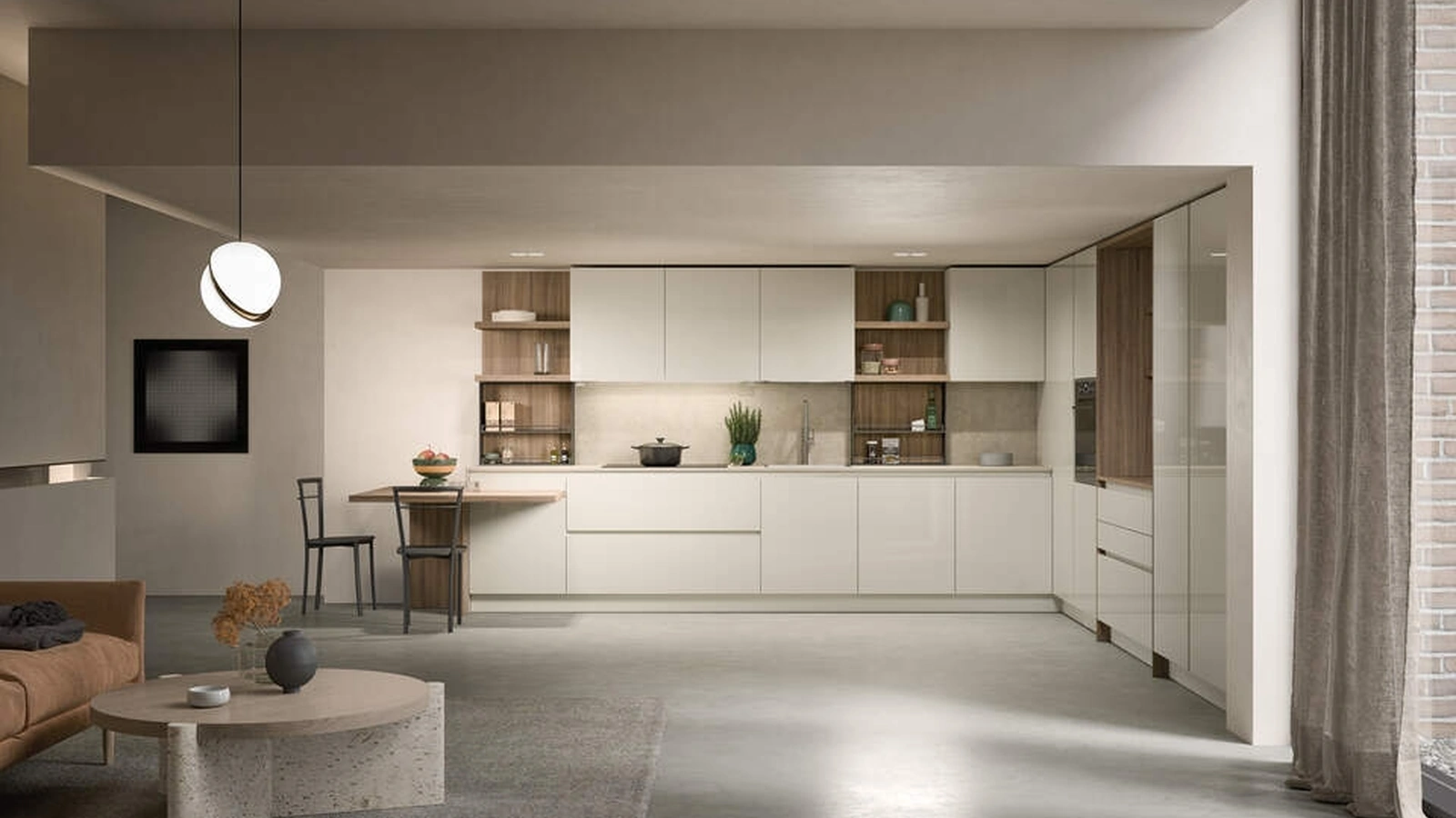 Cucina Moderna angolare laccata lucida con dettagli in legno Luce Composizione 05 di Prima Cucine