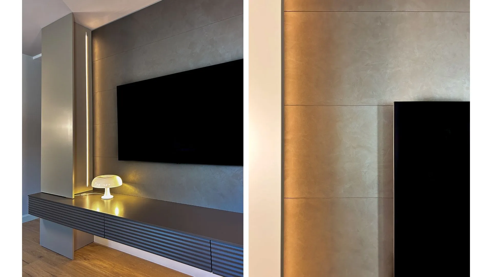 Parete attrezzata living con boiserie in microcemento