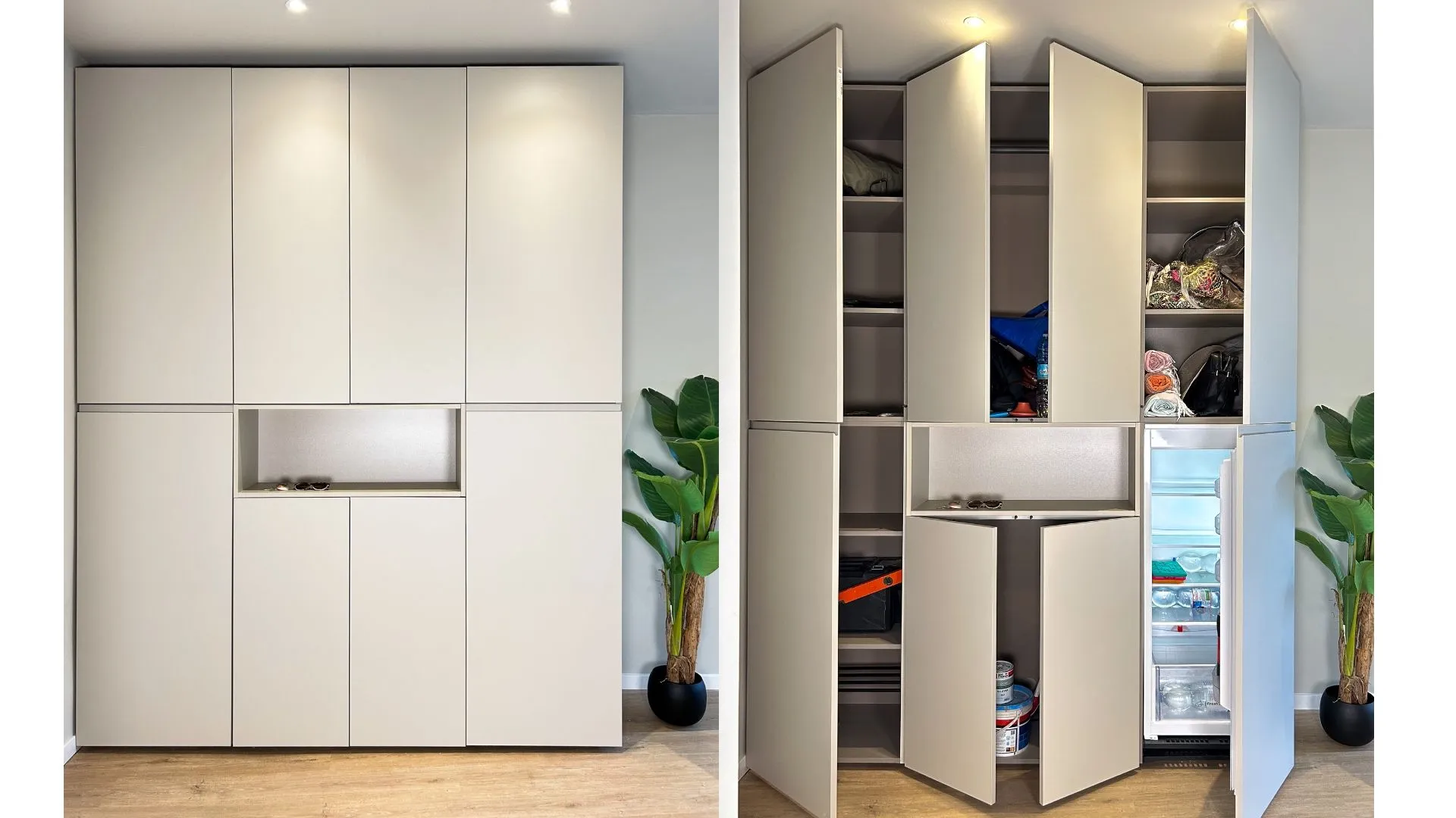 Colonna armadio multifunzione aperta, con frigo integrato