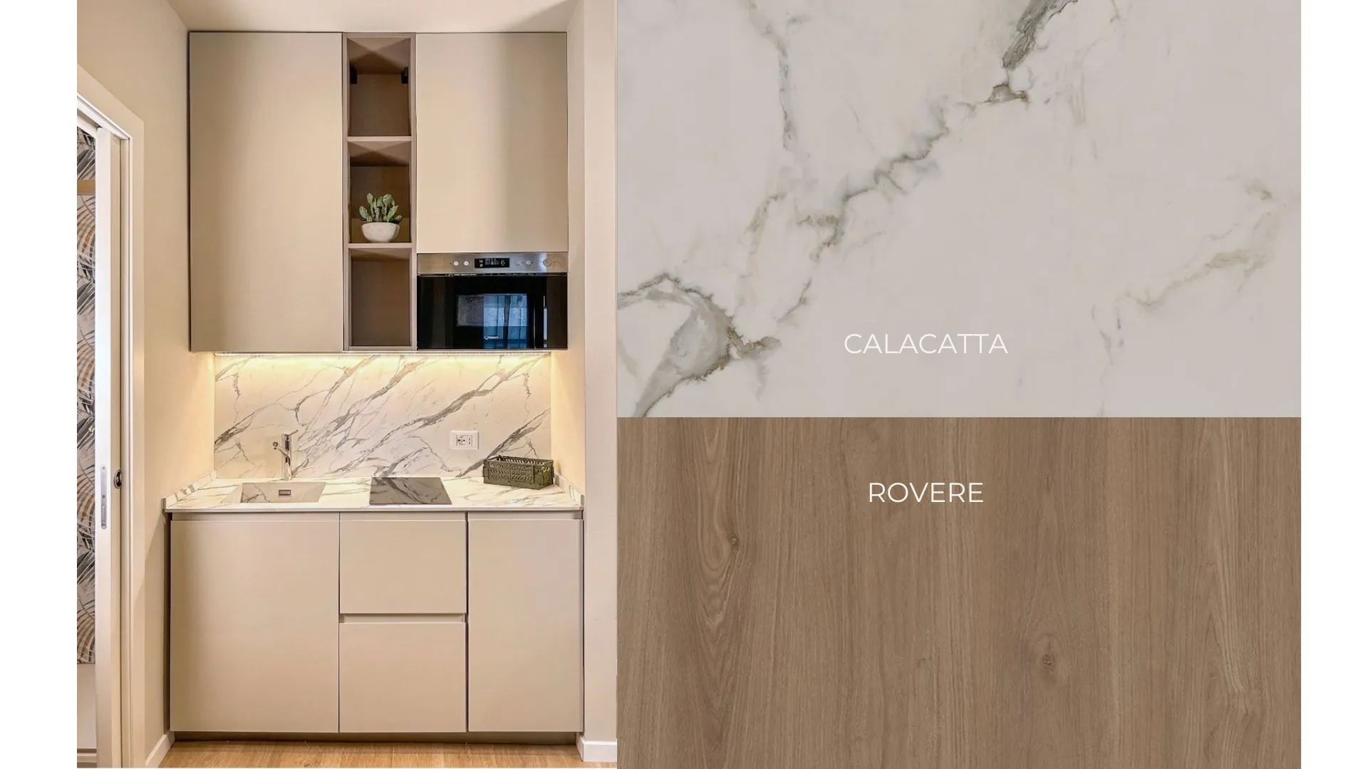 Cucina a colonna laccata sabbia con piano in Calacatta